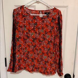 J Jason Wu Long Sleeve Foil Print Woven Blouse w/ Lace Trim size Small